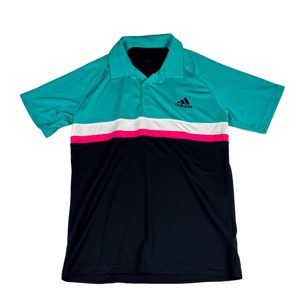 Adidas Polo Shirt Men's M Green Pink Striped Golf Performance Stretch‎ Climalite
